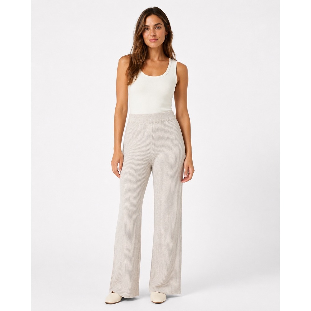 Spring + Mercer Womens Ribbed Wide Leg Knit Pants Oatmeal Beige Small NEW